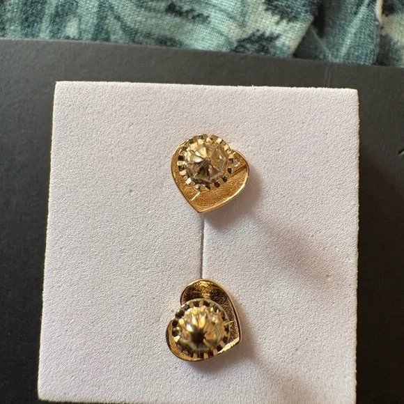 Gold Heart Earrings with Crystal Accents, 14 k real solid gold.